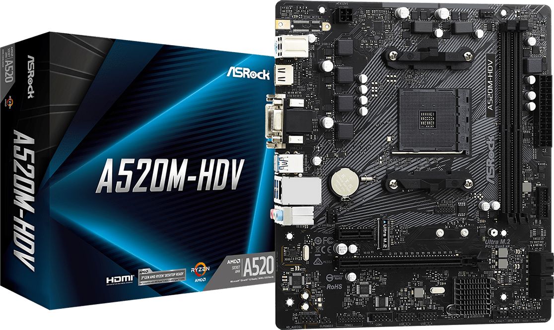 ASRock A520M-HDV Motherboard, AM4, AMD A520
