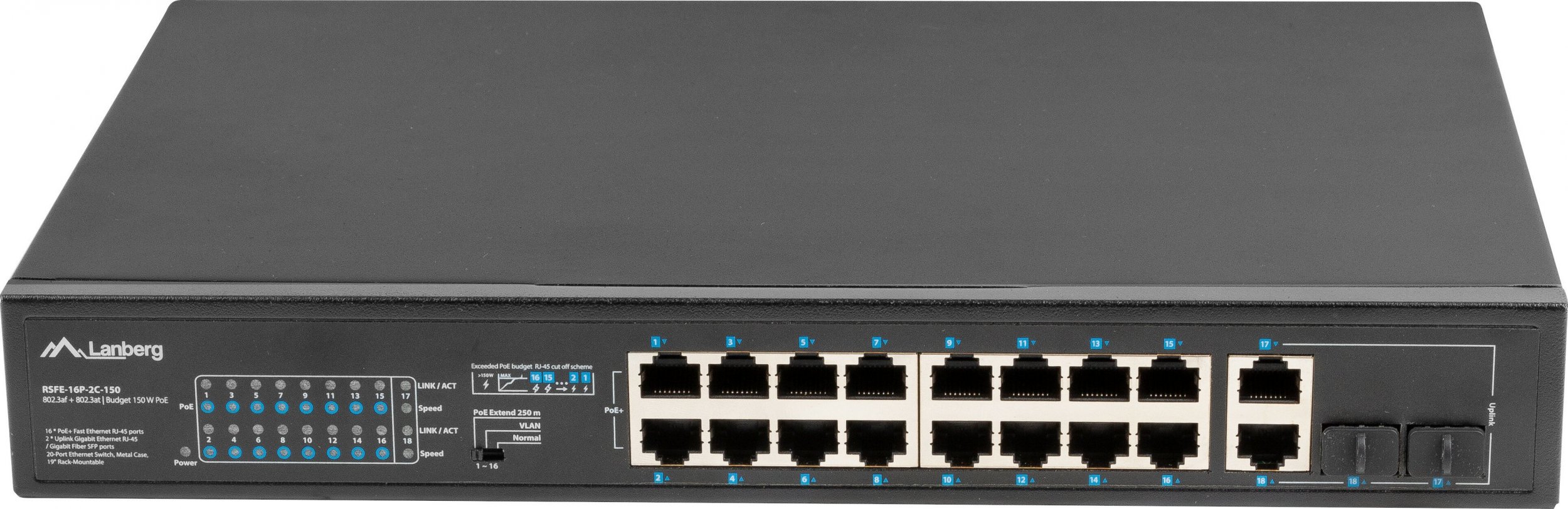 Lanberg switch 16x 100Mb PoE+/2x Combo