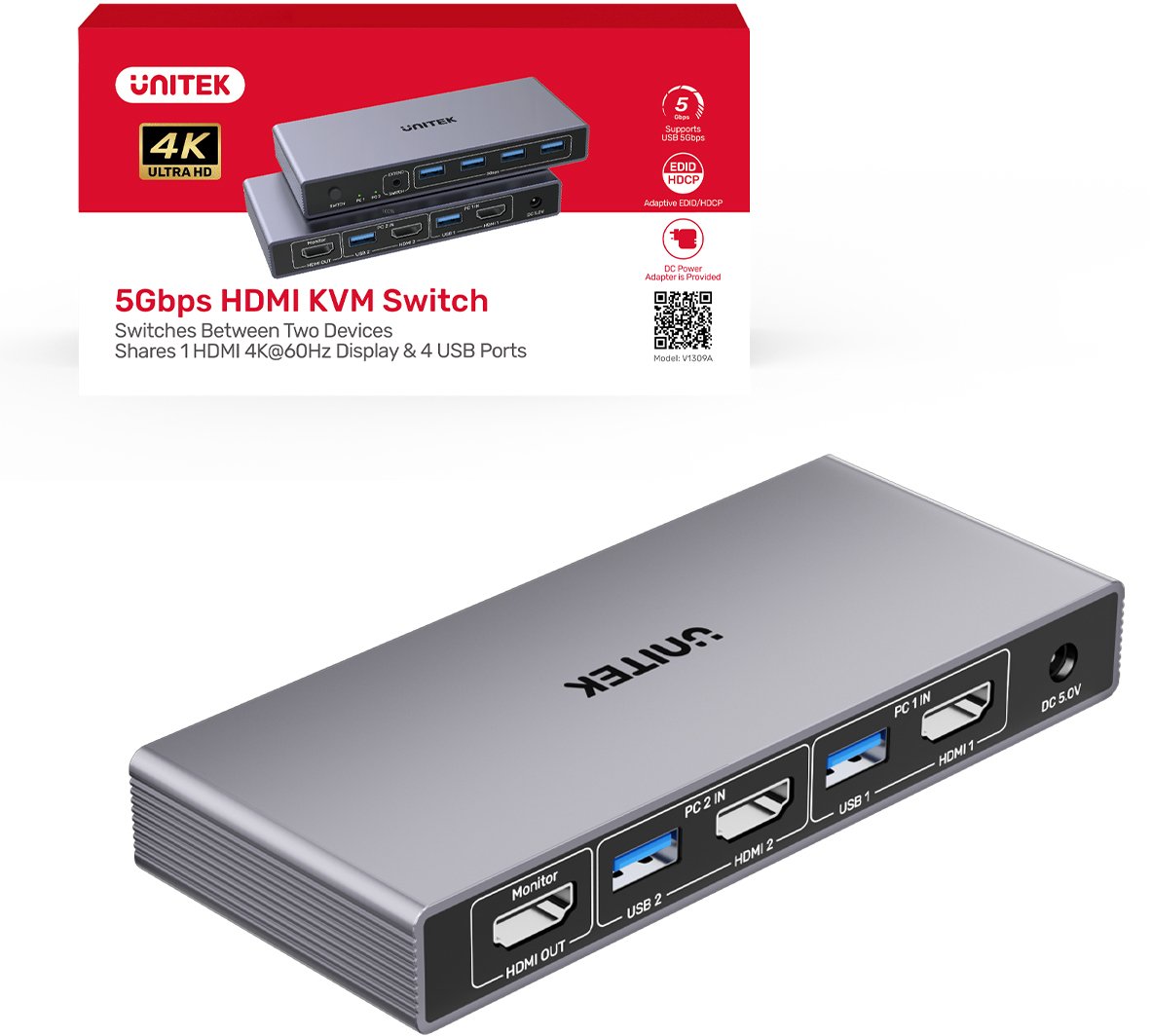 Unitek Przełącznik KVM 4K@60Hz USB 3